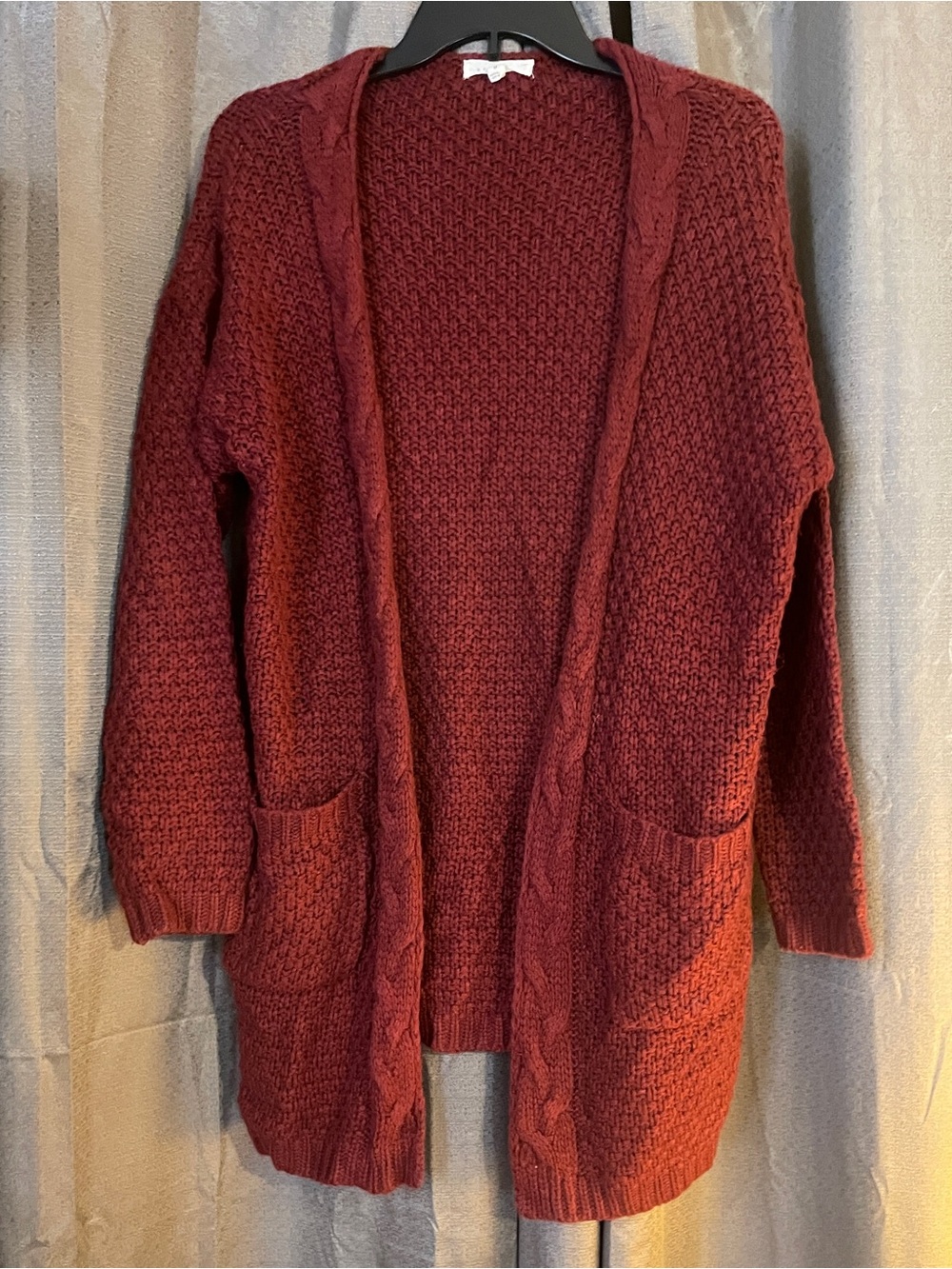 Reborn Burgundy Open-Front Cable Knit Cardigan